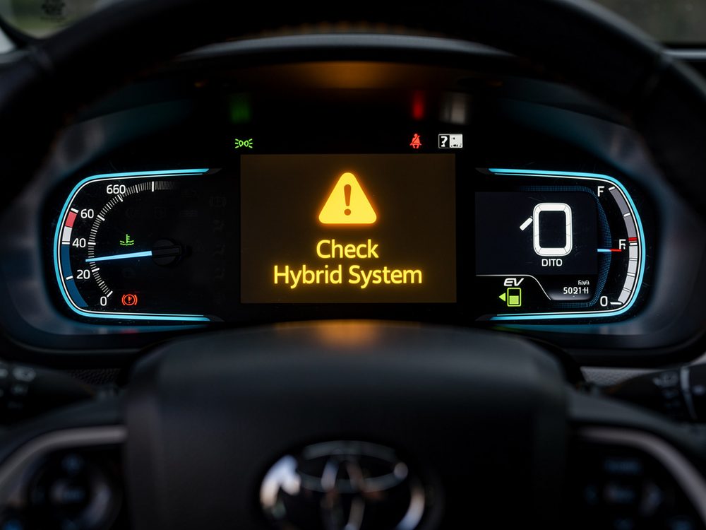 A Toyota hybrid instrument cluster displaying a 'Check Hybrid System' warning.